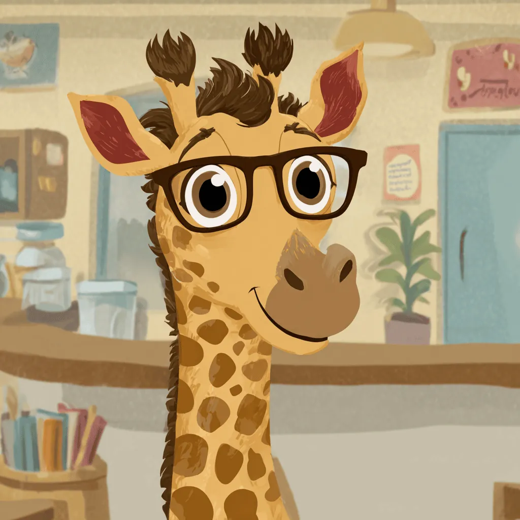Ms. Giraffe, a nerdy giraffe wearing glasses