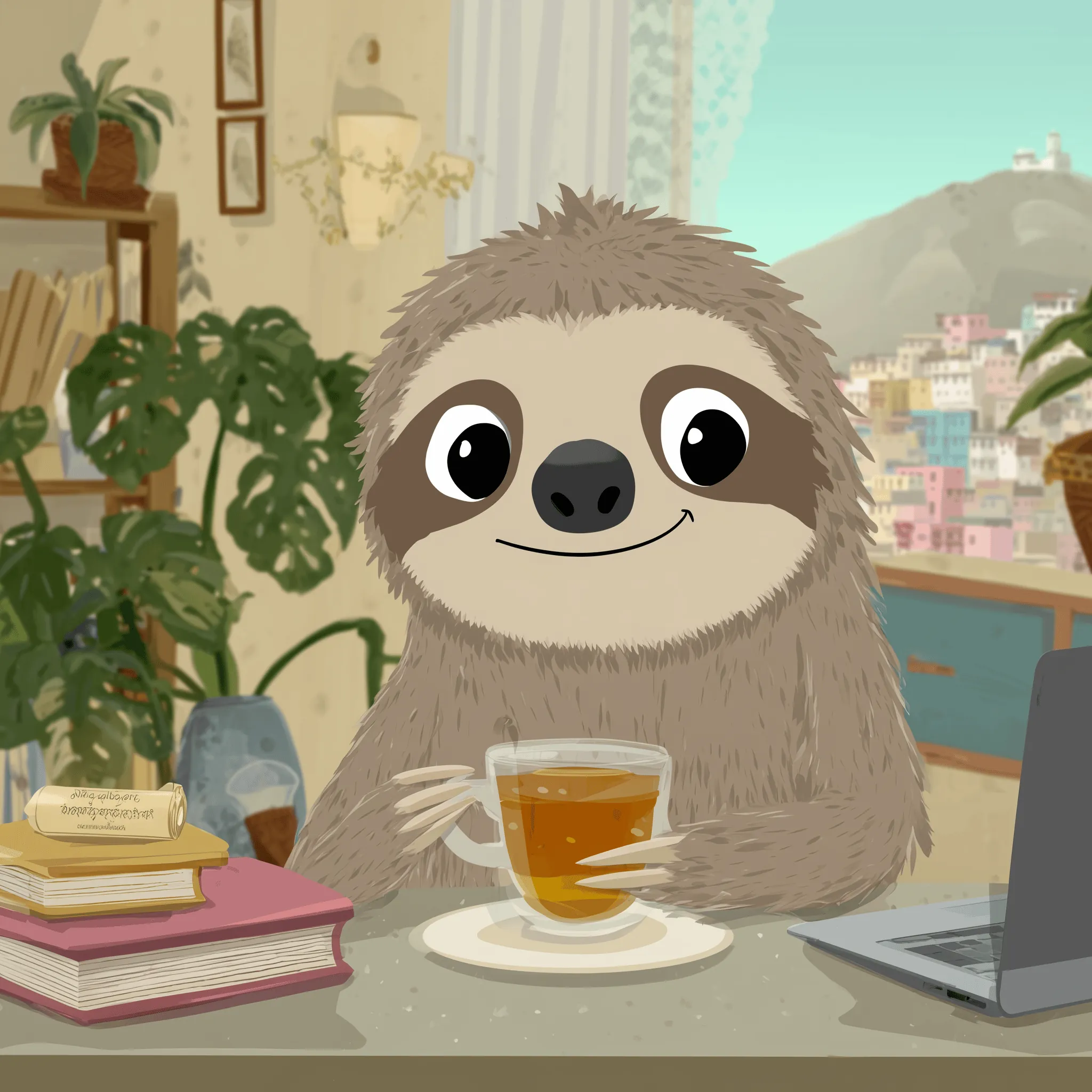 Mr. Sloth, smiling with a cup of Tibetan tea