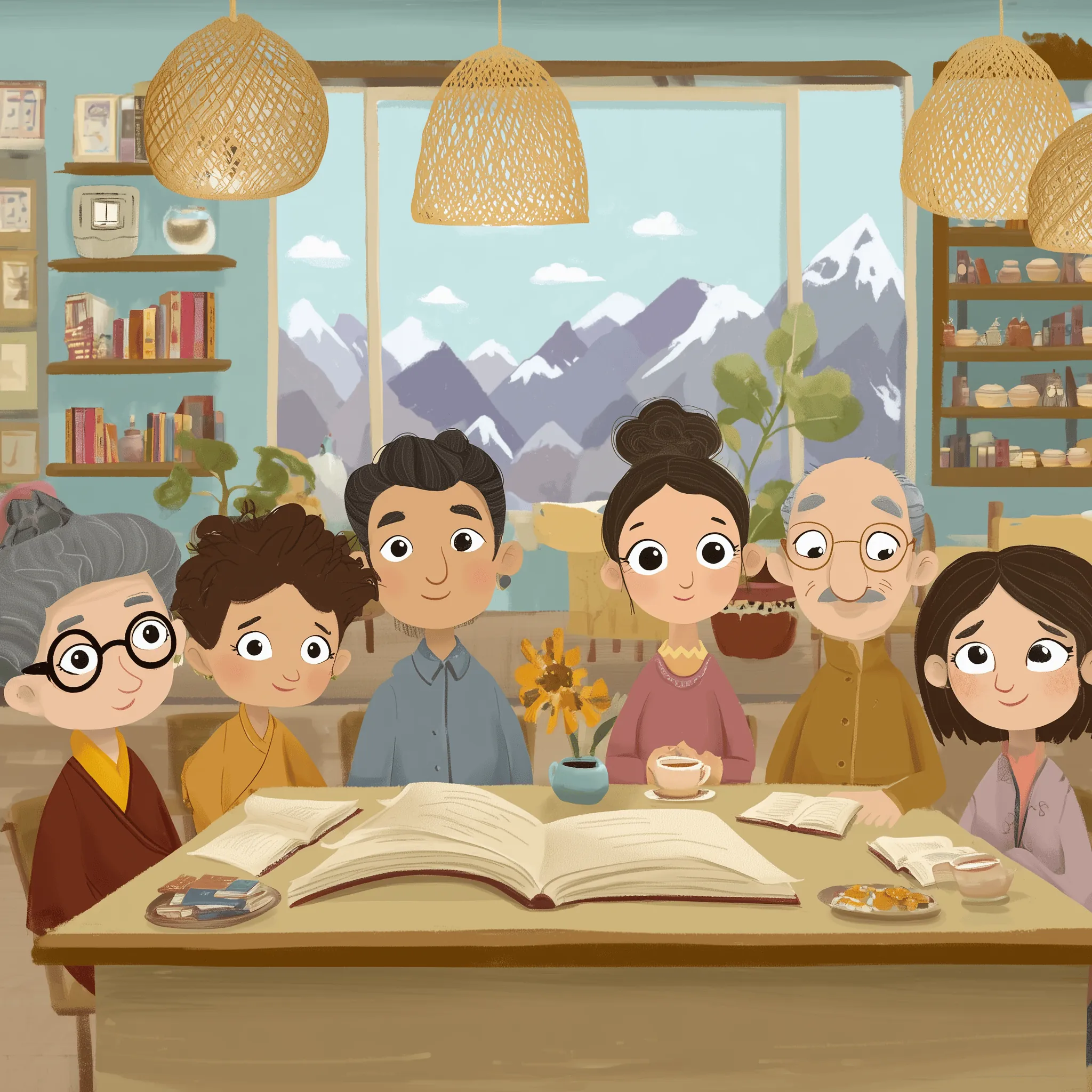 A small group studying Tibetan together in a café