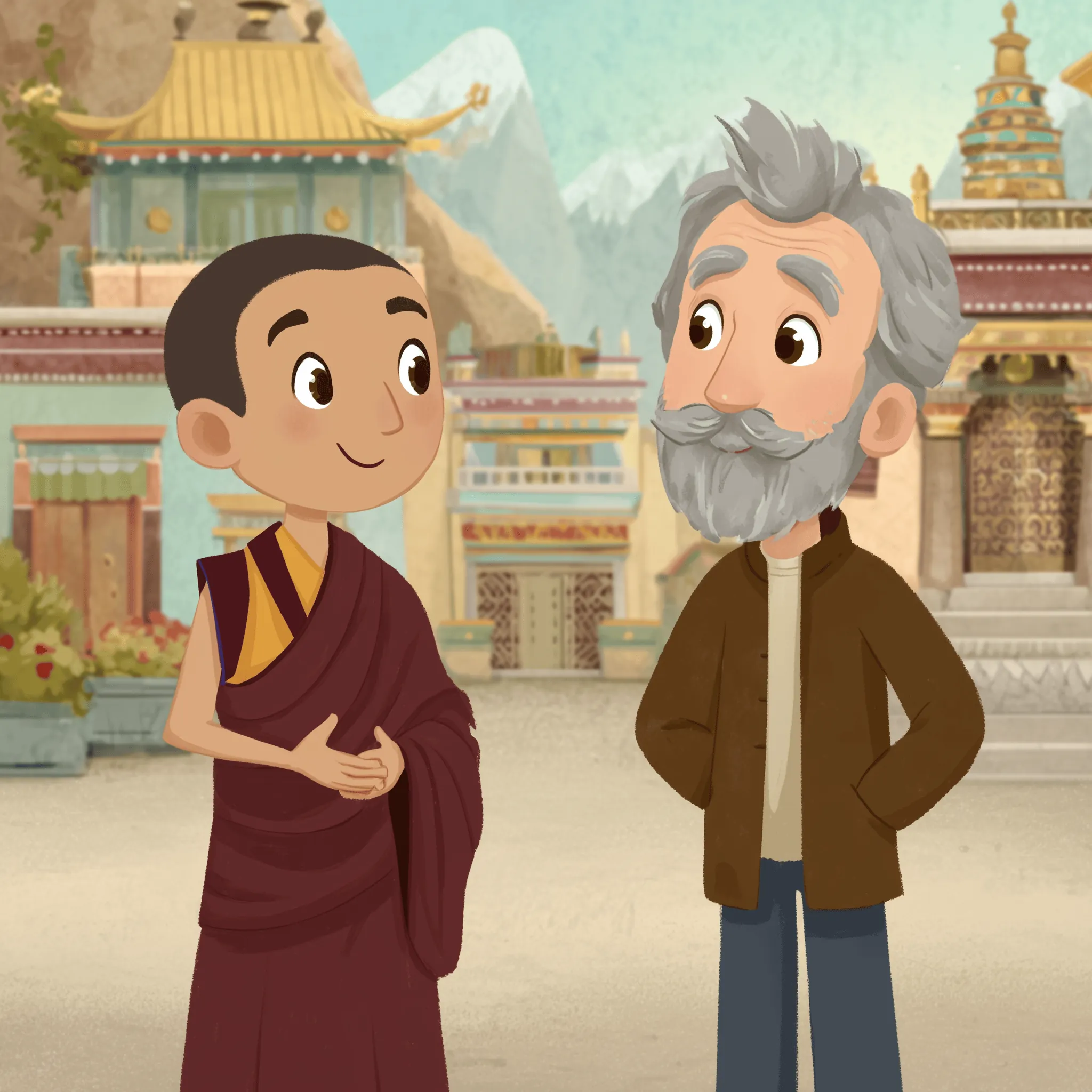 A learner speaking with a Tibetan monk in Dharamshala