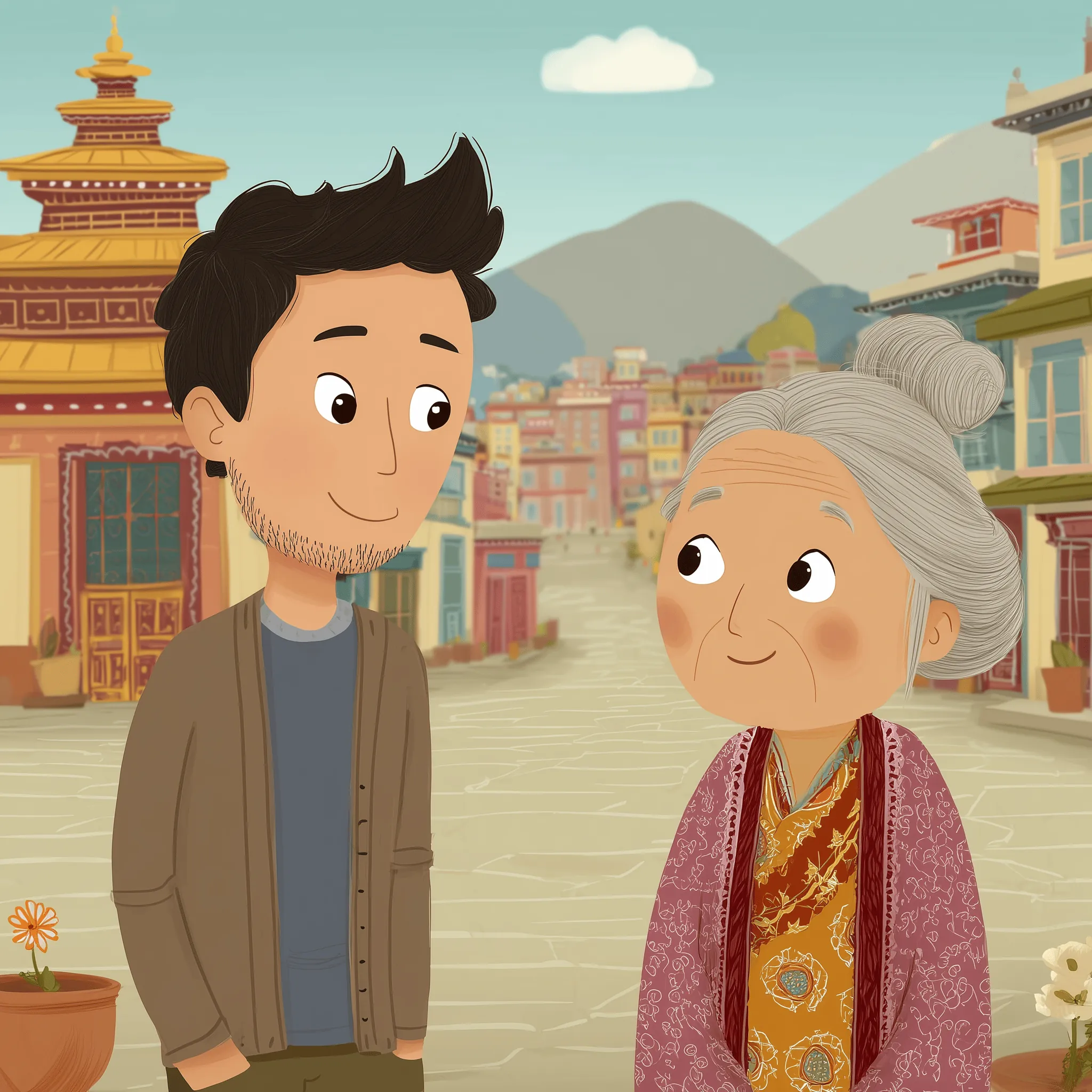 A learner speaking with a Tibetan woman in Dharamshala