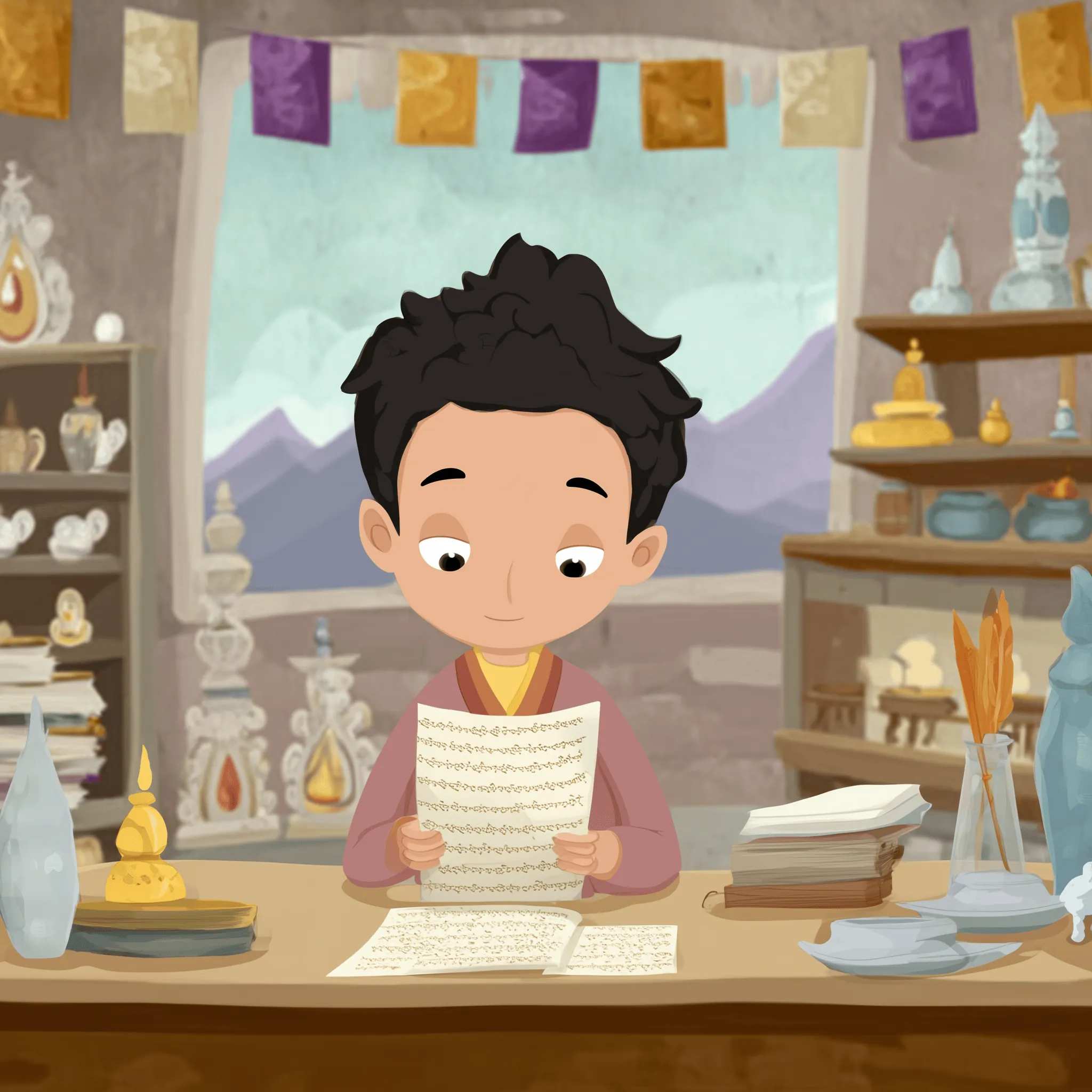 A learner reading Tibetan script