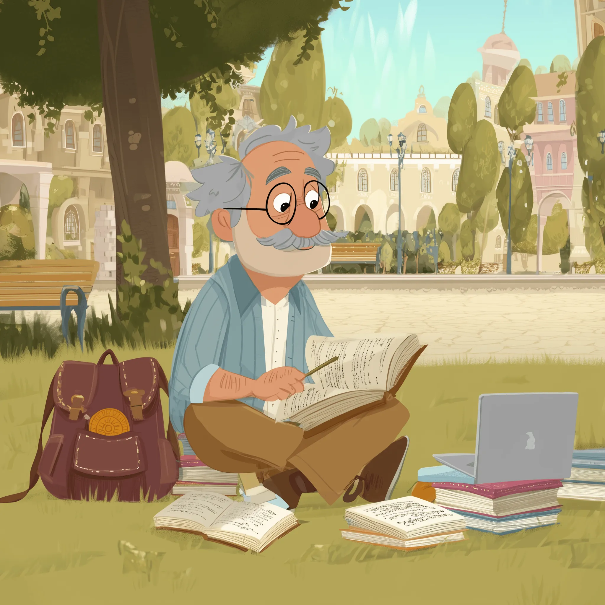 A learner studying Tibetan manuals in the park