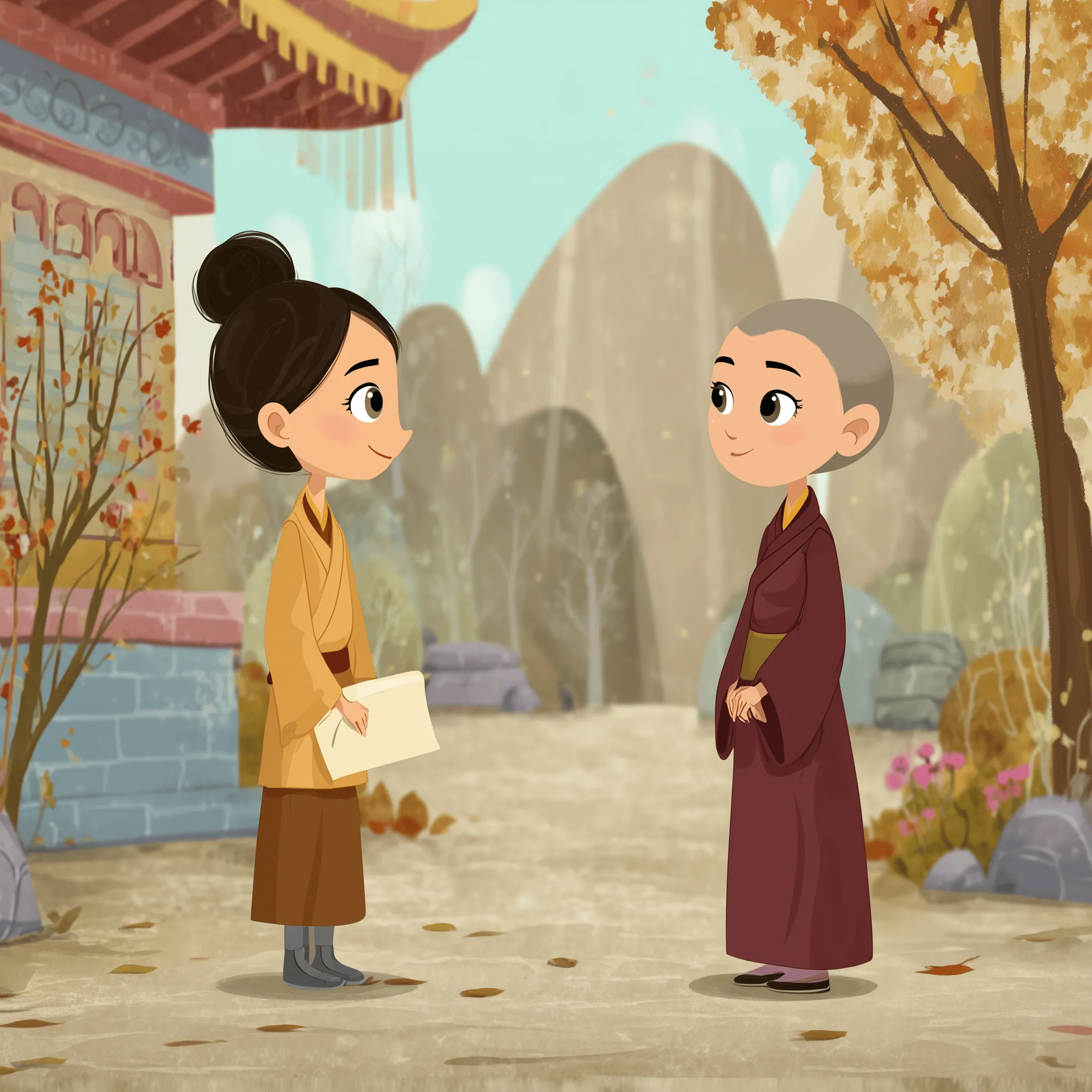 A learner talking with Tibetan nuns
