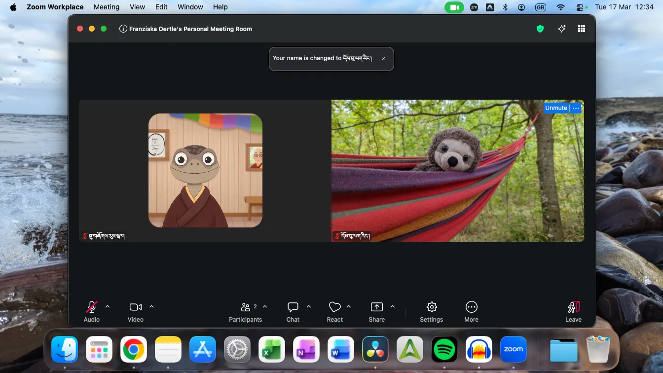 Mr Sloth and Venerable Thubten in a live Zoom session