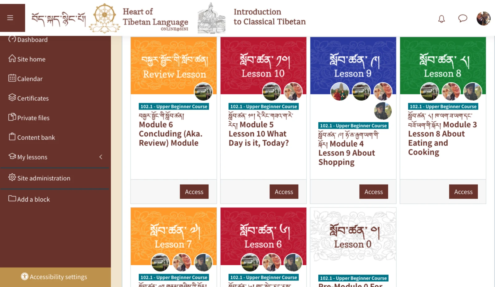 Inside the SINI course platform — the structured lesson library for the Upper Beginner course